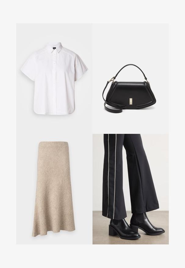 Weißes kurzärmliges Hemd mit Knopfleiste, spitzem Kragen und abgerundetem Saum. Hergestellt aus Baumwolle mit glatter Textur und ohne sichtbare Muster.; Knielange A-Linien-Rock aus weichem beigen Material mit strukturierter Oberfläche und ohne sichtbare Verschlüsse oder Muster.; Schwarze Lederstiefeletten mit einem Blockabsatz, ausgestattet mit elastischen seitlichen Einsätzen. Kombiniert mit schwarzen Hosen, die einen weißen Seitenstreifen haben.; Schwarze Lederhandtasche mit einem strukturierten Design, das eine verkürzte Form, einen oberen Griff und goldfarbene Hardware-Details aufweist. Verstellbarer Schulterriemen ist enthalten.
