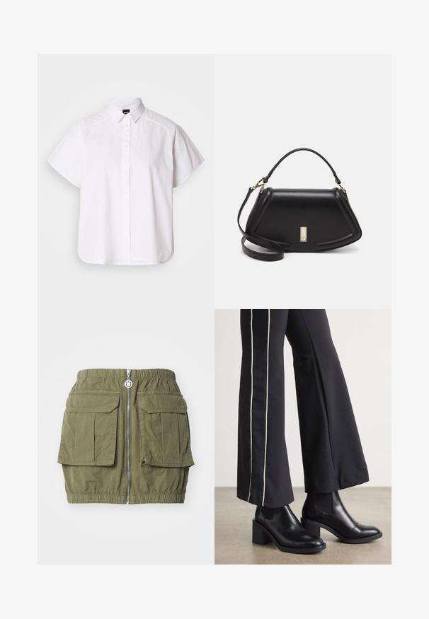 Witte kortemouw overhemd met knopen, voorzien van een puntige kraag en een gebogen zoom. Gemaakt van katoen met een gladde textuur en zonder zichtbare patronen.; HUGO RAFINI - Minirok - open green; Zwarte leren enkellaarzen met een blokhak, voorzien van elastische zijpanelen. Gecombineerd met zwarte broeken met een witte zijstreep.; Zwarte leren handtas met een gestructureerd ontwerp, featuring een verkorte vorm, bovenhandvat en gouden hardwareaccent. Inclusief verstelbare schouderband.
