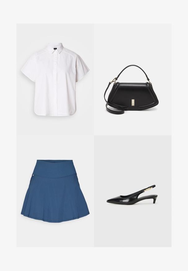 Hvit kortermet skjorte med knapper, spiss krage og buet skjortekant. Laget av bomull med en glatt tekstur og uten synlige mønstre.; En blå tennis skjørt med vidde, laget av lett materiale, har en bred elastisk midjebånd, ren søm og en subtil logo aksent.; Sorte lærreim hæler med spiss tå, som har en slank hæl og en gullfarget detalj på den justerbare stroppen. Glatt tekstur.; Sort lærveske med en strukturert design, som har en avkortet form, topphåndtak og detaljer i gull. Justerbar skulderstropp inkludert.