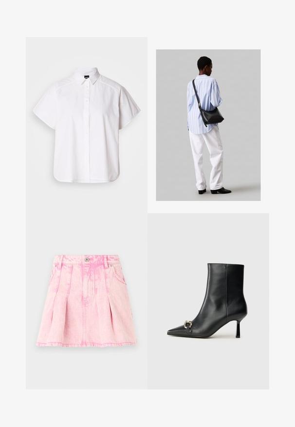 Hvit kortermet skjorte med knapper, spiss krage og buet skjortekant. Laget av bomull med en glatt tekstur og uten synlige mønstre.; Rosa denimskjørt med folder, knapp- og glidelåslukking, fem lommer og dekorativ søm. Distressed tekstur i en lys nyanse.; Sorte lær ankle boot med spiss tå, slank mid-høyde hæl og sølvspenne på siden mot en enkel bakgrunn.; Svart lær skulderveske med en myk tekstur, trekantet form og justerbar stropp, kombinert med en lyseblå stripete skjorte og hvite bukser.