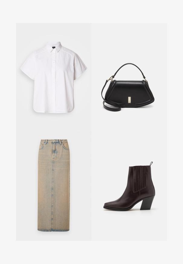 Camisa blanca de manga corta con botones, cuello con puntas y dobladillo curvado. Fabricada en algodón con una textura suave y sin patrones visibles.; Una falda larga de mezclilla en azul claro con corte recto. Tiene cinco bolsillos, pasadores para cinturón y cierre frontal de botón. Textura deslavada en toda la prenda.; Bota de cuero marrón oscuro hasta el tobillo con punta afilada, detalles de ribetes verticales en el costado y un tacón bloque de altura media.; Bolso de mano de cuero negro con un diseño estructurado, que presenta una forma recortada, asa superior y acentos en dorado. Correa de hombro ajustable incluida.