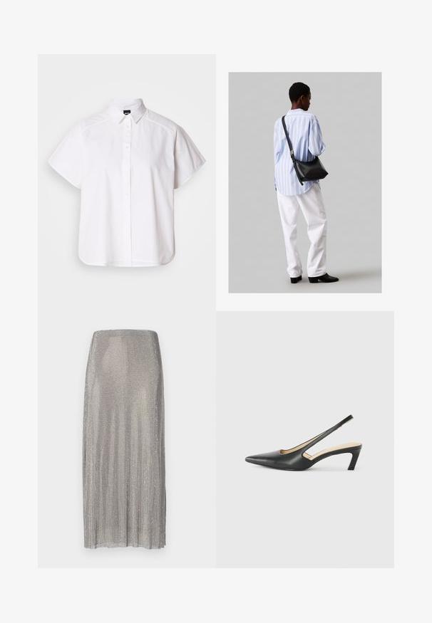 Valkoinen lyhythihainen nappikauluspaita, jossa on terävä kaulus ja kaareva helma. Valmistettu puuvillasta, jossa on sileä pinta ja ei havaittavissa olevia kuvioita.; Hopeinen pleatattu hame, joka on valmistettu metalliverkosta, suoralla siluetilla ja sileällä tekstuurilla, jossa on hienovarainen kiilto.; Musta, kärjeltään terävä slingback-kengä, jossa on matala korko. Kengässä on sileä nahkamateriaali ja sivuilla leikkaukset hengittävyyttä varten.; Musta nahkainen olkalaukku, jossa on pehmeä rakenne, kolmion muoto ja säädettävä hihna, yhdistettynä vaaleansiniseen raidalliseen paitaan ja valkoisiin housuihin.