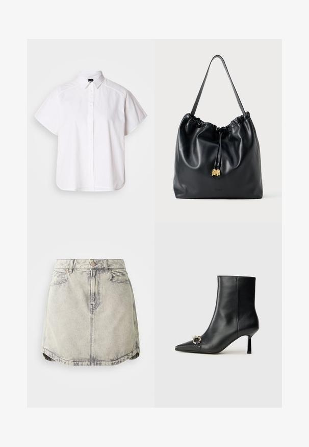 Hvit kortermet skjorte med knapper, spiss krage og buet skjortekant. Laget av bomull med en glatt tekstur og uten synlige mønstre.; Dongeriskjørt i lys grå med en falmet tekstur, med belte med knapper, frontlommer og en litt buet nederkant.; Sorte lær ankle boot med spiss tå, slank mid-høyde hæl og sølvspenne på siden mot en enkel bakgrunn.; Svart lær trekksekk med en glatt tekstur, samlet topp og subtilt gullbeslag. Har en enkelt solid stropp og preget logo.