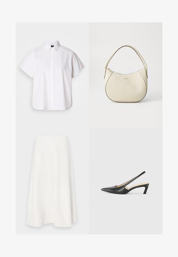 White short-sleeve button-up shirt with a pointed collar and curved hem. Made from cotton with a smooth texture and no visible patterns.; White A-line skirt made of smooth fabric, featuring a high waistband and subtle seam detailing, tapering to a flared bottom.; Black pointy-toed slingback shoe with a low heel, featuring smooth leather material and cut-out design on the side for breathability.; Cream-colored handbag with a textured finish, curved shape, short handle, and gold-tone logo detail. Zipper closure at the top.