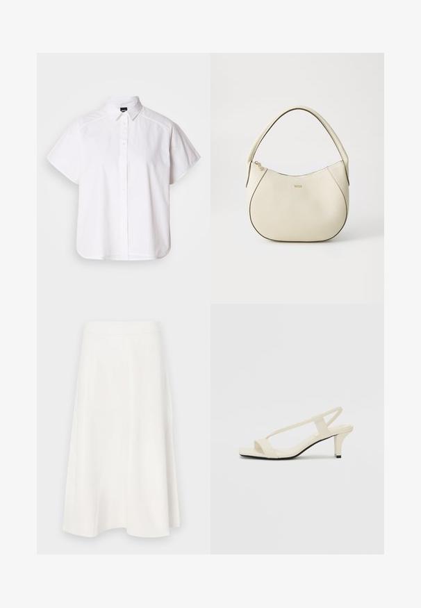 Bílá košile s krátkým rukávem a zapínáním na knoflíky, s špicatým límečkem a zakřiveným spodním lemem. Vyrobena z bavlny, má hladkou texturu a žádné viditelné vzory.; Bílá áčková sukně vyrobená z hladké tkaniny, s vysokým pasem a subtilním švem, která se zužuje do rozšířeného spodního okraje.; Krémové sandály na bloku s tenkými popruhy a čtveratou špičkou. Hladký materiál s minimálními detaily, navržené pro snadné nošení.; Kabelka krémové barvy s texturovaným povrchem, zakřiveným tvarem, krátkým uchopením a zlatým logem. Zapínání na zip na vrchu.