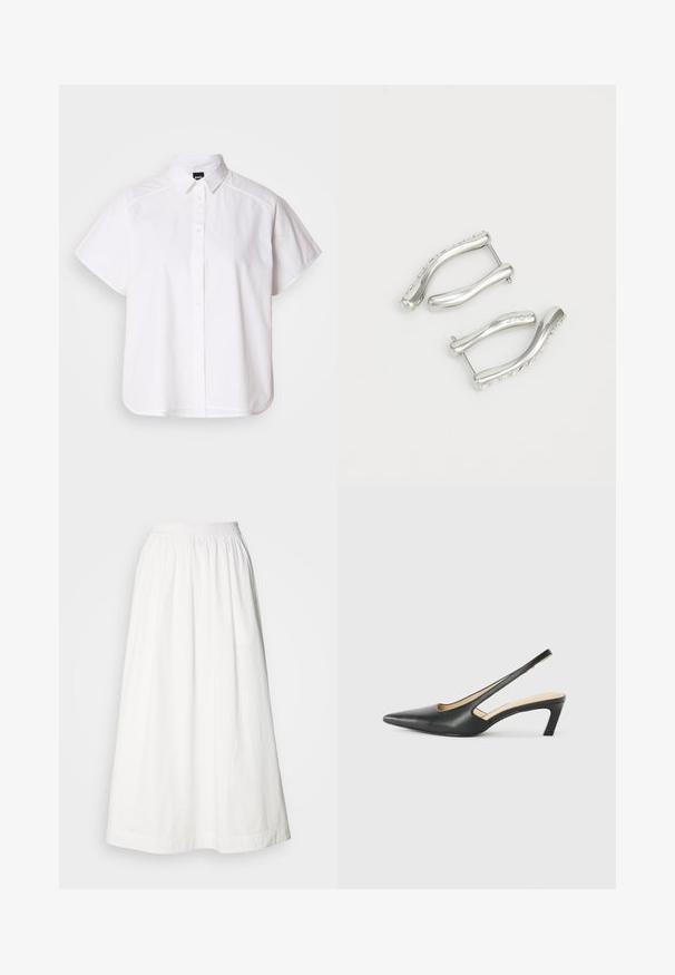 Vit kortärmad skjorta med knappar, spetthals och rundad nederkant. Tillverkad av bomull med en slät textur och inga synliga mönster.; Vit maxikjol gjord av lättviktsmaterial, med en rynkad elastisk midja och en svävande silhuett utan synliga mönster.; Svart spetsig slingback-sko med låg klack, som har ett slätt lädermaterial och utskärningsdesign på sidan för andningsförmåga.; Silverfärgade metallörhängen med en vågliknande design, med loppande kurvor och en texturerad kant. Närbild av detalj på metalldelarna är synlig.