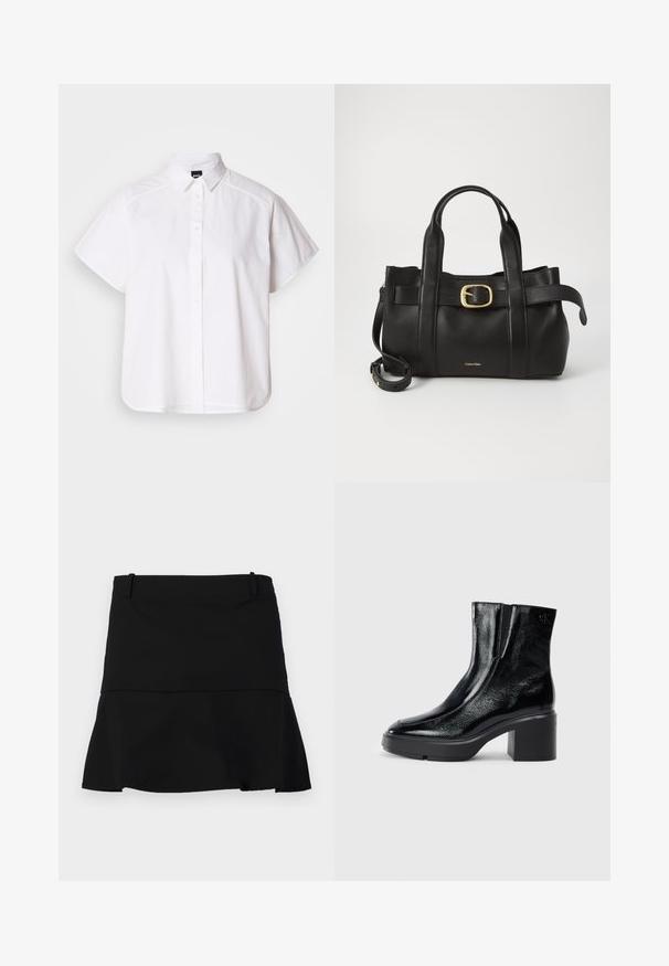Witte kortemouw overhemd met knopen, voorzien van een puntige kraag en een gebogen zoom. Gemaakt van katoen met een gladde textuur en zonder zichtbare patronen.; Zwarte korte rok met een lichte uitlopende zoom en riemlussen op de tailleband op een witte achtergrond.; Zwarte gepatenteerde leren enkellaarsjes met een gebogen neus, elastische zijpanelen en een chunky blokhak. Voorzien van een reliëflogo aan de achterkant.; Zwarte leren handtas met een gestructureerd ontwerp, dubbele handgrepen aan de bovenkant, een gouden gespaccent en een geperst merklogo aan de voorkant.