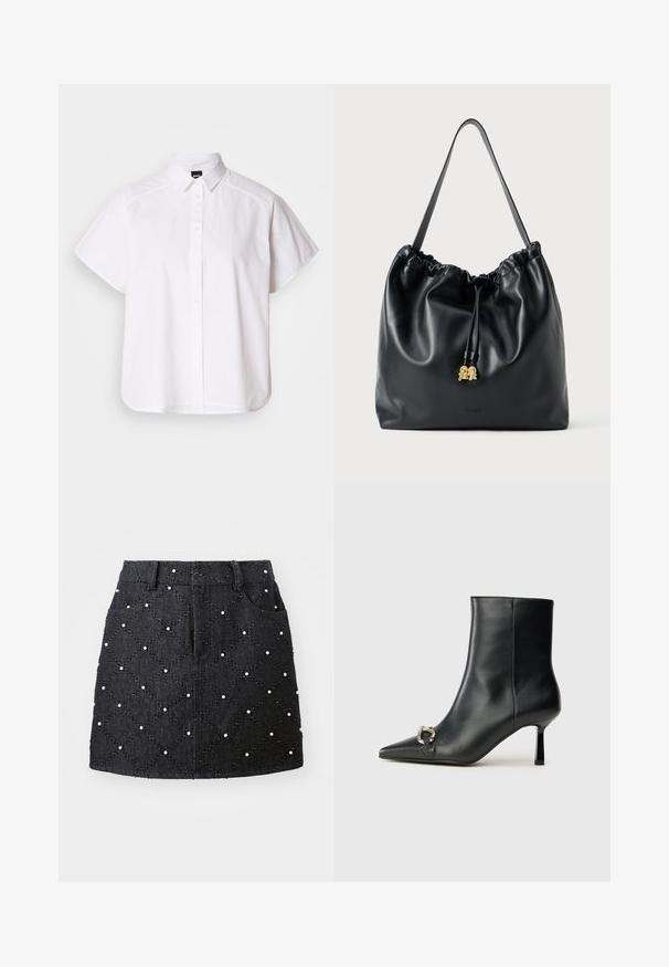 Witte kortemouw overhemd met knopen, voorzien van een puntige kraag en een gebogen zoom. Gemaakt van katoen met een gladde textuur en zonder zichtbare patronen.; Zwarte denimrok met een ruitvormig quiltpatroon, versierd met witte parels. Voorzien van een tailleband en twee voorzakken.; Zwarte leren enkelboot met spitse neus, slanke middenhoge hak en zilveren gespdetail aan de zijkant op een effen achtergrond.; Zwarte leren trekkoordtas met een soepele textuur, gatherin aan de bovenkant en subtiele gouden accenten. Beschikt over een enkele stevige schouderband en een geperst logo.