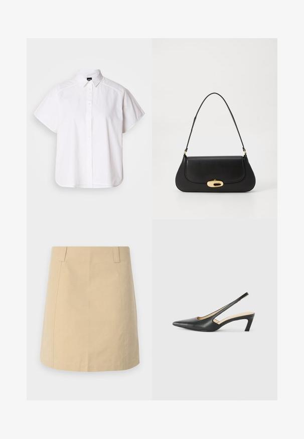 Witte kortemouw overhemd met knopen, voorzien van een puntige kraag en een gebogen zoom. Gemaakt van katoen met een gladde textuur en zonder zichtbare patronen.; Beige katoenen rok met een rechte vorm, voorzien van plooien aan de voorkant, zijzakken en gestikte details langs de naden.; Zwarte puntige slingback schoen met een lage hak, gemaakt van soepel leer en voorzien van een uitsnede aan de zijkant voor ventilatie.; Zwarte leren handtas met een gebogen ontwerp, goudkleurige accenten en een bovenhandvat. Heeft een strakke sluiting en een gladde textuur.