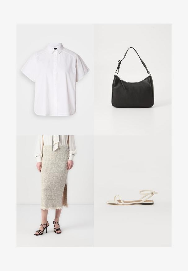 Balta trumpomis rankovėmis marškinėlių su atlenkiamu apykakle ir kreiva apačia. Pagaminta iš medvilnės, su sklandžiu paviršiumi ir be matomų raštų.; Bežinė tekstūruota megzta sijonas su šoniniu įpjovimu ir nublukusiu apdailos kraštu. Derinama su juodais kyliais sandalais su juostelėmis. Pateikta po balta palaidine.; Kreminės odinės plokščios šlepetės su plonais kryžminiais dirželiais, kulkšnies dirželiu su sagtimi, minimalistiško dizaino ir kontrastinga juoda padanga.; Juoda odinė rankinė su išlenkta forma, viena dirželiu, užtrauktuko uždarymu ir subtiliu ženklinimu priekyje. Lygus paviršius, minimalistinis dizainas.