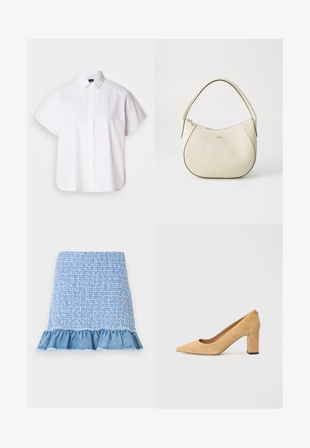 Cămașă albă cu mânecă scurtă, cu nasturi, guler ascuțit și margine curbă. Fabricată din bumbac, cu o textură netedă și fără modele vizibile.; Fustă tweed de culoare bleu deschis, cu un tiv din denim cu volane, având un model texturat și margini desfăcute, creând un aspect stratificat.; Pantofii cu toc înalt din suede bej au vârful ascuțit și un toc gros. Materialul are o textură moale și o finisare netedă.; Geantă de mână de culoare crem, cu un finisaj texturat, formă curbată, mânere scurte și detalii cu logo auriu. Închidere cu fermoar în partea de sus.