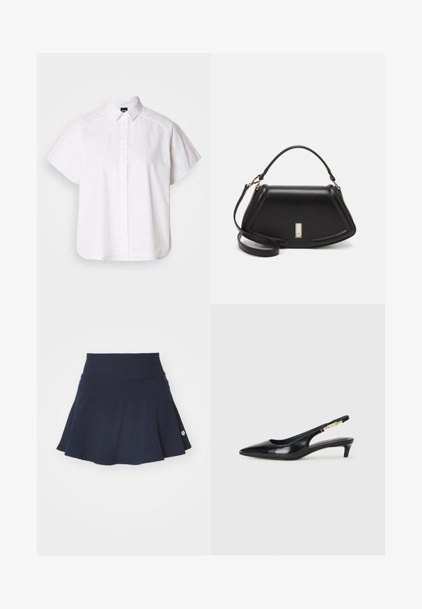 Bílá košile s krátkým rukávem a zapínáním na knoflíky, s špicatým límečkem a zakřiveným spodním lemem. Vyrobena z bavlny, má hladkou texturu a žádné viditelné vzory.; Námořnická modrá áčková sukně s propracovaným pasem, vyrobená z měkkého materiálu, s malým logem v pravém dolním rohu, hladká textura.; Černé kožené boty na podpatku s otevřenou patou a špičatou špičkou, s tenkým podpatkem a zlatým akcentem na nastavitelném pásku. Hladký povrch.; Černá kožená kabelka se strukturovaným designem, jejíž tvar je zkrácený, má horní rukojeť a zlaté kovové detaily. Součástí je i nastavitelný ramenní popruh.