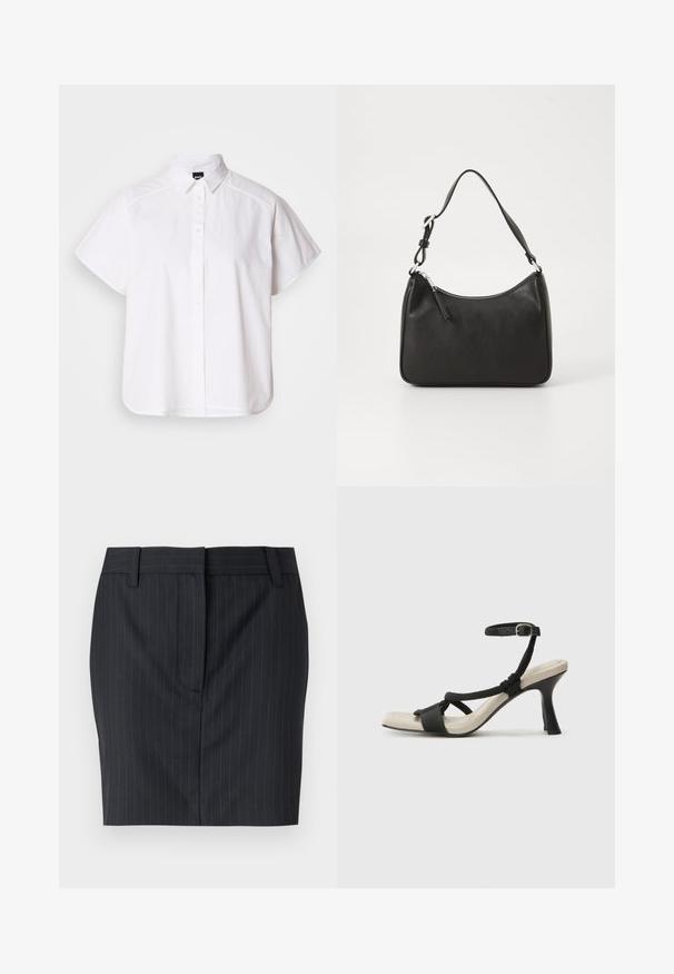Bílá košile s krátkým rukávem a zapínáním na knoflíky, s špicatým límečkem a zakřiveným spodním lemem. Vyrobena z bavlny, má hladkou texturu a žádné viditelné vzory.; Černá sukně s proužkem, přizpůsobená postavě, s poutky na opasek a skrytým předním zapínáním, vystavená na bílém pozadí.; Černé sandály na podpatku s pleteným designem pásku, čtveratou špičkou a nastavitelným páskem kolem kotníku. Světle béžová stélka s lesklým černým podpatkem.; Černá kožená kabelka s zakřiveným tvarem, s jedním popruhem, zipovým uzávěrem a decentním logem na přední straně. Hladká textura, minimalistický design.