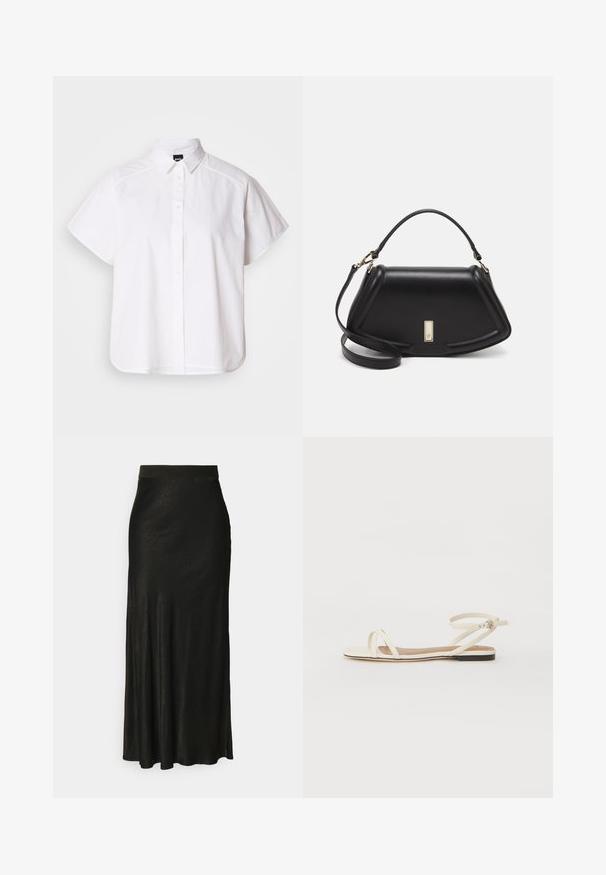 Hvit kortermet skjorte med knapper, spiss krage og buet skjortekant. Laget av bomull med en glatt tekstur og uten synlige mønstre.; 2nd Day CLEO EASE - Maxiskjørt - meteorite; Flate sandaler i kremfarget skinn med tynne kryssremmer, ankelsremsbånd med spenne, minimalistisk design og en kontrasterende svart såle.; Sort lærveske med en strukturert design, som har en avkortet form, topphåndtak og detaljer i gull. Justerbar skulderstropp inkludert.