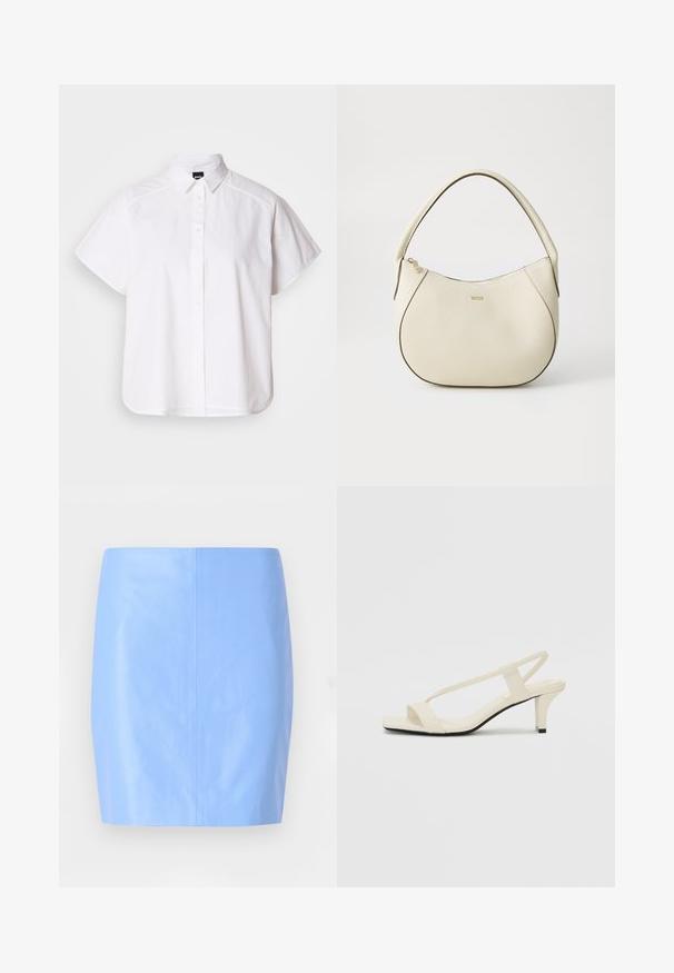 Bílá košile s krátkým rukávem a zapínáním na knoflíky, s špicatým límečkem a zakřiveným spodním lemem. Vyrobena z bavlny, má hladkou texturu a žádné viditelné vzory.; Jasně modrá mini sukně z hladkého, lesklého materiálu s jednoduchým, přiléhavým tvarem a bez viditelných vzorů nebo ozdob.; Krémové sandály na bloku s tenkými popruhy a čtveratou špičkou. Hladký materiál s minimálními detaily, navržené pro snadné nošení.; Kabelka krémové barvy s texturovaným povrchem, zakřiveným tvarem, krátkým uchopením a zlatým logem. Zapínání na zip na vrchu.