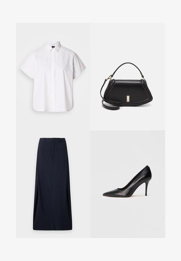 Valkoinen lyhythihainen nappikauluspaita, jossa on terävä kaulus ja kaareva helma. Valmistettu puuvillasta, jossa on sileä pinta ja ei havaittavissa olevia kuvioita.; Sininen pitkä hame, joka on valmistettu kudotusta kankaasta, suoran leikkauksen omaava, vyölenkillä ja piilotetulla vetoketjulla varustettu. Siistit linjat ja minimaalinen muotoilu.; Musta nahkainen korkokengän avokärki, jossa on sileä pinta ja virtaviivainen muotoilu. Ominaisuuksiin kuuluu ohut, korkea korko ja matala leikkaus edessä.; Mustalla nahkalaukulla, jossa on jämäkkä muotoilu, lyhyt malli, yläkahva ja kultaiset yksityiskohdat. Säädettävä olkahihna sisältyy.