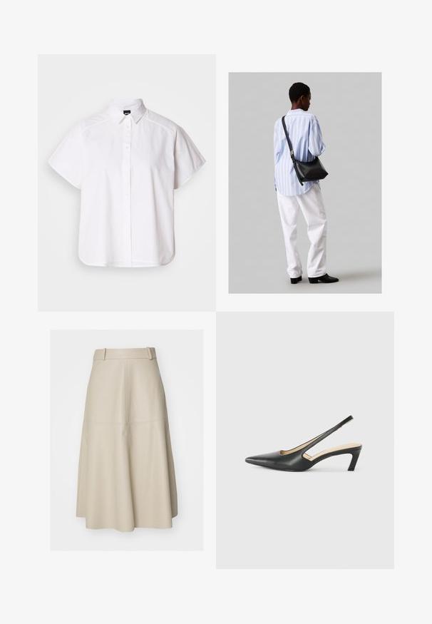 Balta trumpomis rankovėmis marškinėlių su atlenkiamu apykakle ir kreiva apačia. Pagaminta iš medvilnės, su sklandžiu paviršiumi ir be matomų raštų.; Bežinės odos A formos sijonas su prigludusia juosmens linija, subtiliu tekstūru ir siūlių detalėmis, siekiantis iki pusės blauzdos.; Juodas smailus slingback batelis su žemu kulnu, pagamintas iš lygaus odos paviršiaus ir su išpjovomis šone, užtikrinančiomis oro pralaidumą.; Juodas odinis petinis krepšys su minkšta tekstūra, trikampiu pavidalu ir reguliuojama juosta, derinamas su šviesiai mėlynu dryžuotu marškinėliu ir baltais džinsais.