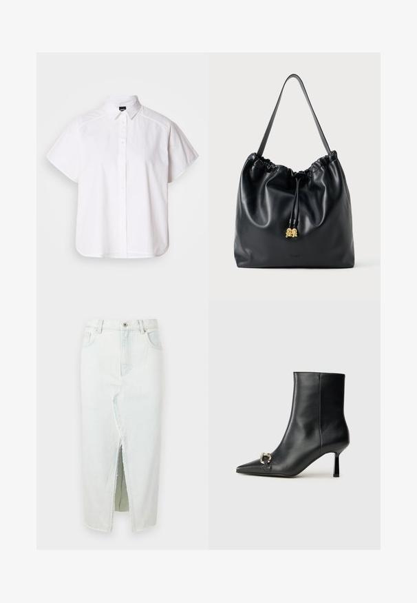 Valkoinen lyhythihainen nappikauluspaita, jossa on terävä kaulus ja kaareva helma. Valmistettu puuvillasta, jossa on sileä pinta ja ei havaittavissa olevia kuvioita.; Vaaleansininen farkuhame, jossa on etuaukko, raaka helma, kaksi etutaskua ja napitus. Suora siluetti, nilkkapituinen muoto.; Musta nahkasaapas nilkkapituisilla, terävillä kärjillä, hoikalla keskipituisella korolla ja hopeavöillä sivussa yksinkertaista taustaa vasten.; Musta nahkainen nyörilaukku, jossa on sileä pinta, kerätty yläosa ja hillitty kultainen pieni kaluste. Varustettu yhdellä tukevalla hihnalla ja kohokuvioidulla logolla.