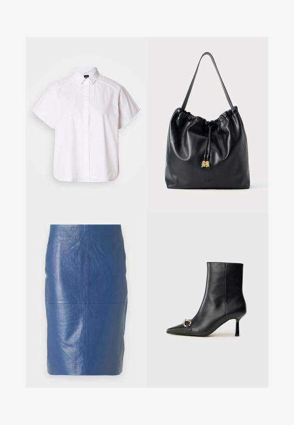 Valkoinen lyhythihainen nappikauluspaita, jossa on terävä kaulus ja kaareva helma. Valmistettu puuvillasta, jossa on sileä pinta ja ei havaittavissa olevia kuvioita.; 2nd Day JAYAN - Nahkahame - ensign blue; Musta nahkasaapas nilkkapituisilla, terävillä kärjillä, hoikalla keskipituisella korolla ja hopeavöillä sivussa yksinkertaista taustaa vasten.; Musta nahkainen nyörilaukku, jossa on sileä pinta, kerätty yläosa ja hillitty kultainen pieni kaluste. Varustettu yhdellä tukevalla hihnalla ja kohokuvioidulla logolla.