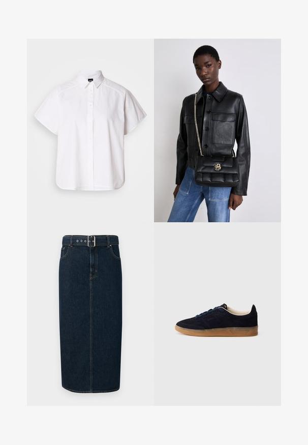 Hvid kortærmet skjorte med knaplukning, spidse kraver og buet nederste kant. Lavet af bomuld med en glat struktur og uden synlige mønstre.; Mørkeblå denim midi-nederdel med lige snit, udstyret med et spænde bælte, sølv hardware og kontrastsyninger langs sømmene.; Marineblå ruskindssneaker med gummisål, blå snørebånd og minimalistisk design. Indeholder præget logo på siden og glat inderfor.; Sort læderjakke med knaplukning og to frontlommer, parret med en sort quiltet håndtaske med guldspænde og kædestrop.