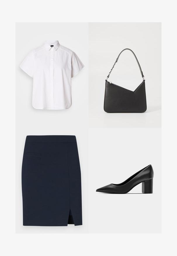 Balta īsajām piedurknēm krekls ar pogām un norādītu apkakli, kā arī viļņotu apakšmalu. Izgatavots no kokvilnas ar gludu tekstūru un bez redzamām rakstām.; Navy zila pieguļoša svārki, izgatavoti no gludas auduma, ar aizmugurēju šķēlumu un trim horizontālām šuvēm priekšējā kabatas rajonā.; Melnas ādas kurpes ar smailu purngalu un masīvu kvadrātveida papēdi. Gluda tekstūra, vienkāršs dizains, piemērots oficiālām vidēm.; Melnas ādas rokassomiņa ar trīsstūra formu, šaura siksna un sudraba aksesuāri. Izstrādājumam ir rāvējslēdzēja aizdare un reljefs logotips priekšpusē.