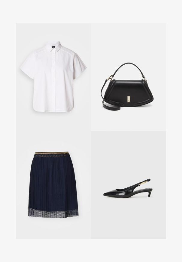 Biela krátka košeľa s krátkym rukávom a výstrihom do špica, s oblým lemom. Vyrobená z bavlny s hladkou textúrou a bez viditeľných vzorov.; Námornícky modrá plisovaná sukňa z texturovanej sieťoviny, so kontrastným pásom a priesvitným lemom.; Čierne kožené slingback opätky s špicatou špičkou, s úzkym opätkom a zlatým detailom na nastaviteľnom remienku. Hladká textúra.; Čierna kožená kabelka so štruktúrovaným dizajnom, s krátkym tvarom, hornou rúčkou a zlatými prvkami. Súčasťou je nastaviteľný ramenný popruh.
