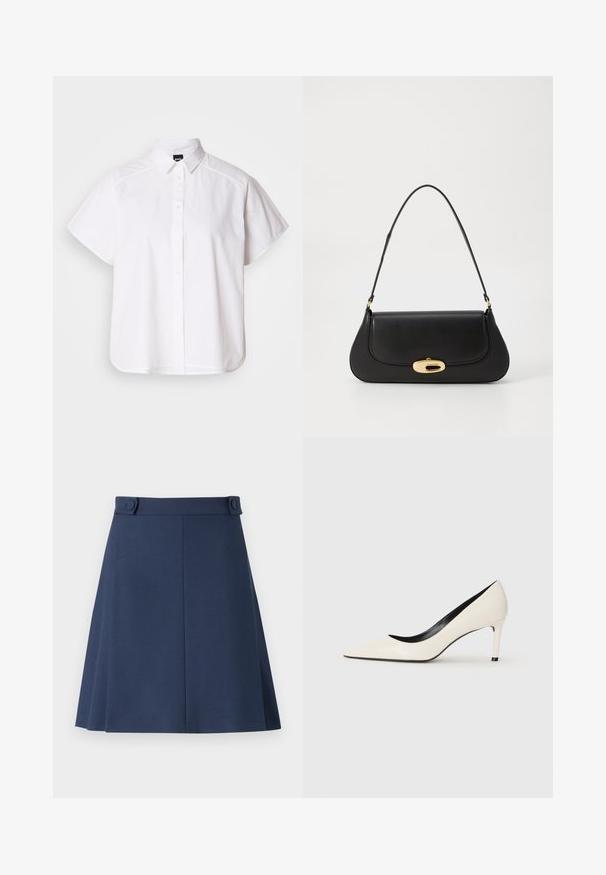 White short-sleeve button-up shirt with a pointed collar and curved hem. Made from cotton with a smooth texture and no visible patterns.; Navy blue A-line skirt made of smooth fabric, featuring two decorative buttons at the waist and subtle side seam details.; White patent leather high-heeled pump with a pointed toe, slim heel, and black interior detailing. Smooth texture and sleek design.; Black leather handbag with a curved design, gold-tone hardware, and a top handle. Features a sleek closure and smooth texture.