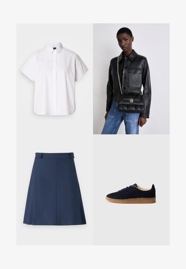 Valge lühikeste varrukatega nööpidega särk, millel on terav krae ja kõver hems. Valmistatud puuvillast, millel on sile tekstuur ja nähtamatud mustrid.; Tumesinine A-line seelik, mis on valmistatud siledast kangast, kahe dekoratiivse nööbiga vöökohtades ja peente külgõmbluste detailidega.; Tumesinised seemisnahast spordijalatsid kummist tallaga, siniste paeltega ja minimalistliku disainiga. Küljel on reljeefne logo ja sees on sile vooder.; Mustmust nahkjakks, millel on nööbiga sulgemine ja kaks esikot, koos musta tikandiga käekotiga, millel on kuldne klamber ja ahelrihm.