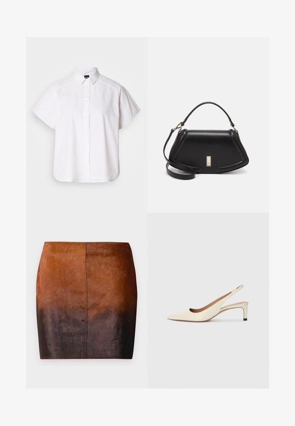 Camicia bianca a maniche corte con colletto a punta e orlo curvo. Realizzata in cotone con una texture liscia e senza motivi visibili.; Mini gonna con degradé marrone realizzata in morbido materiale, caratterizzata da una texture liscia, una silhouette aderente e cuciture precise lungo i bordi.; Scarpa slingback a punta in pelle bianca sporca, caratterizzata da un tacco basso e un design con ritagli, dal texture liscia e con accenti minimi.; Borsa a mano in pelle nera con un design strutturato, caratterizzata da una forma corta, manico superiore e accessori in metallo dorato. Inclusa tracolla regolabile.