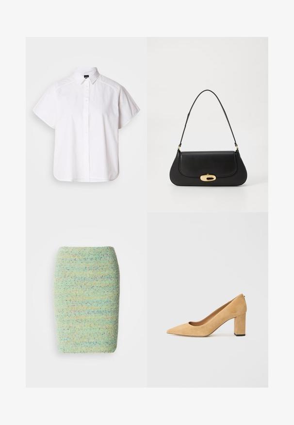 Chemise blanche à manches courtes, à boutons, avec un col pointu et un ourlet arrondi. Fabriquée en coton, elle possède une texture lisse et sans motifs visibles.; Jupe longueur genou en tissu texturé et moucheté dans un vert pastel avec des nuances de bleu, d'orange et de violet.; Pumps à talons hauts en daim beige avec un bout pointu et un talon large. Le matériau a une texture douce avec une finition lisse.; Sac à main en cuir noir avec un design incurvé, matériel doré et une poignée sur le dessus. Présente une fermeture élégante et une texture lisse.