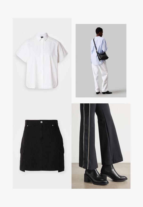 Hvit kortermet skjorte med knapper, spiss krage og buet skjortekant. Laget av bomull med en glatt tekstur og uten synlige mønstre.; Svart denimskjørt med en tettsittende silhuett, foran knappelukking og to sidelommer. Designet med sømdekorasjoner.; Sorte skinn ankle boots med blokkhæl, med elastiske sidepaneler. Kombinert med sorte bukser som har en hvit sidestripe.; Svart lær skulderveske med en myk tekstur, trekantet form og justerbar stropp, kombinert med en lyseblå stripete skjorte og hvite bukser.
