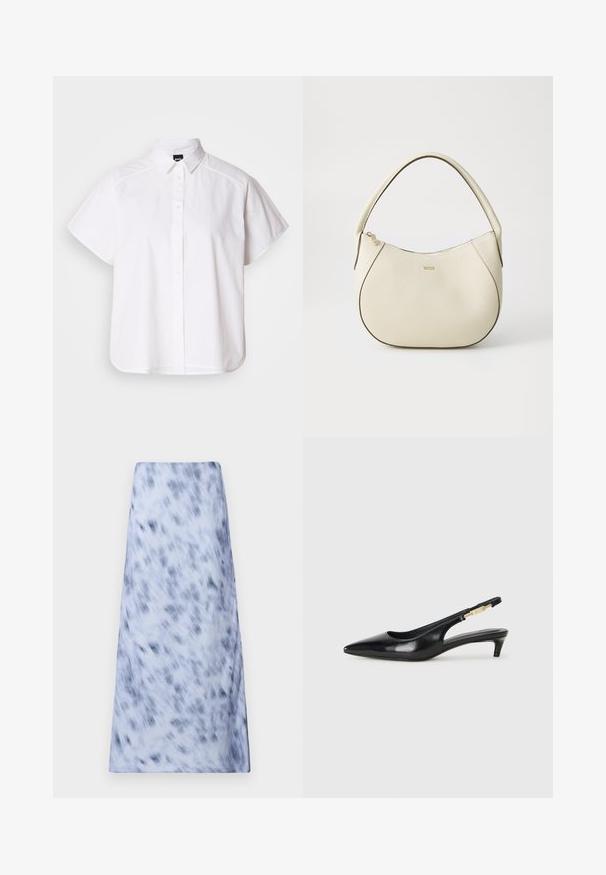 Cămașă albă cu mânecă scurtă, cu nasturi, guler ascuțit și margine curbă. Fabricată din bumbac, cu o textură netedă și fără modele vizibile.; O fustă lungă, de culoare albastru deschis, cu un model estompat de culoare albastru închis. Materialul pare moale, cu o textură netedă și un design simplu.; Sandale slingback din piele neagră cu vârf ascuțit, având un toc subțire și un accent de culoare aurie pe curea ajustabilă. Textură netedă.; Geantă de mână de culoare crem, cu un finisaj texturat, formă curbată, mânere scurte și detalii cu logo auriu. Închidere cu fermoar în partea de sus.