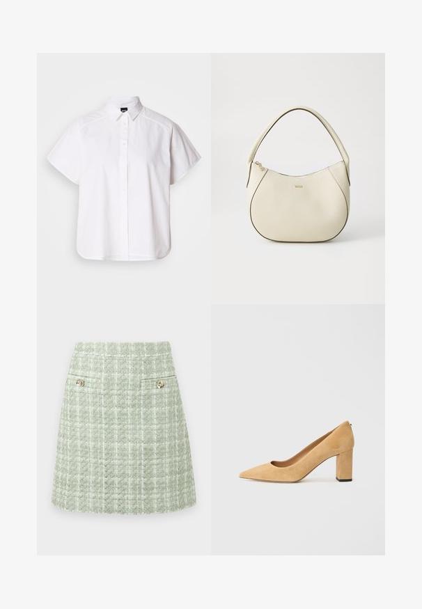 Cămașă albă cu mânecă scurtă, cu nasturi, guler ascuțit și margine curbă. Fabricată din bumbac, cu o textură netedă și fără modele vizibile.; Fustă mini din tweed verde cu un model texturat, având două butoane decorative la talie și un croi structurat.; Pantofii cu toc înalt din suede bej au vârful ascuțit și un toc gros. Materialul are o textură moale și o finisare netedă.; Geantă de mână de culoare crem, cu un finisaj texturat, formă curbată, mânere scurte și detalii cu logo auriu. Închidere cu fermoar în partea de sus.