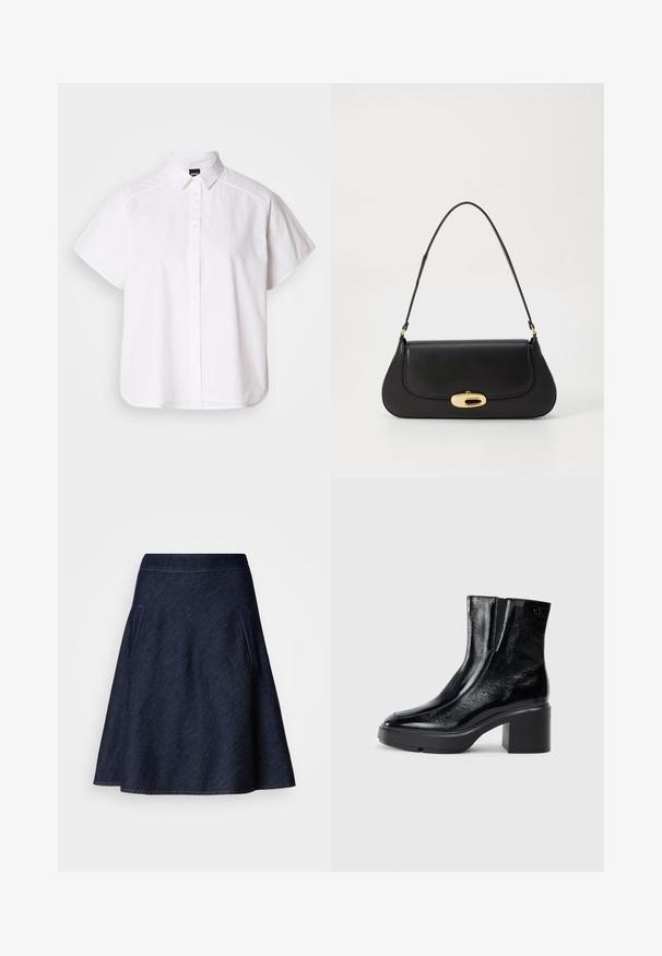 White short-sleeve button-up shirt with a pointed collar and curved hem. Made from cotton with a smooth texture and no visible patterns.; Dark denim A-line skirt featuring a mid-rise waistband, two side pockets, and contrasting stitching along the edges. Smooth texture.; Black patent leather ankle boots with a curved toe, elastic side panels, and a chunky block heel. Features embossed logo on the back.; Black leather handbag with a curved design, gold-tone hardware, and a top handle. Features a sleek closure and smooth texture.