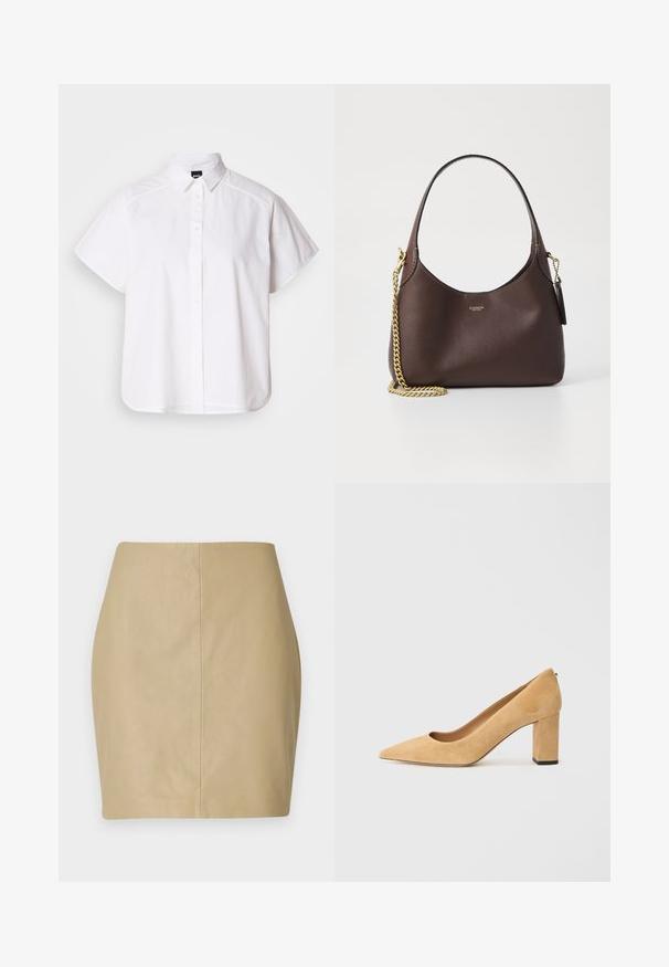 Cămașă albă cu mânecă scurtă, cu nasturi, guler ascuțit și margine curbă. Fabricată din bumbac, cu o textură netedă și fără modele vizibile.; Fustă mini din piele bej, cu un design ajustat, textură netedă și o cusătură centrală care se desfășoară vertical pe spate.; Pantofii cu toc înalt din suede bej au vârful ascuțit și un toc gros. Materialul are o textură moale și o finisare netedă.; COACH BROOKLYN SHOULDER BAG 23 - Geantă de mână - maple