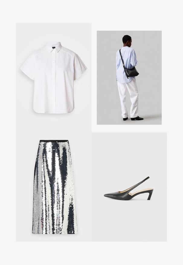 Biela krátka košeľa s krátkym rukávom a výstrihom do špica, s oblým lemom. Vyrobená z bavlny s hladkou textúrou a bez viditeľných vzorov.; Strieborná maxi sukňa s flitrami so rovný strihom, obsahujúca čierny pás a striedavý vertikálny pruhový vzor lesklých flitrov.; Čierne slingback topánky s ostrou špičkou a nízkym opätkom, vyrobené z hladkej kože a s výrezmi na boku pre lepšiu priedušnosť.; Čierna kožená ramenná taška so mäkkou textúrou, trojuholníkovým tvarom a nastaviteľným popruhom, skombinovaná s svetlomodrou pruhovanou košeľou a bielymi nohavicami.