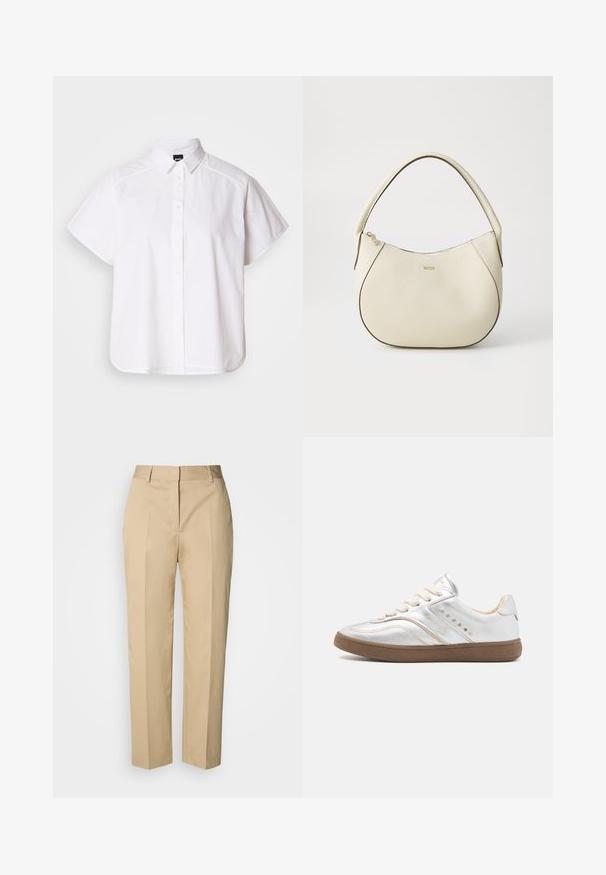 Hvit kortermet skjorte med knapper, spiss krage og buet skjortekant. Laget av bomull med en glatt tekstur og uten synlige mønstre.; Beige bukser med rette ben, beltehemper, frontfold og skjult lukking, vist mot en lys bakgrunn.; Nubikk RAY OWEN - Joggesko - silver metallic/shiny mocca; Kremfarget håndveske med teksturert overflate, buet form, kort håndtak og gullfarget logo. Glidelås lukking på toppen.