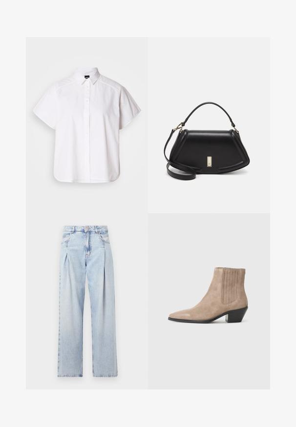 White short-sleeve button-up shirt with a pointed collar and curved hem. Made from cotton with a smooth texture and no visible patterns.; Light blue denim jeans with a high waist, wide-leg cut, two side pockets, and pleated design feature. Soft texture with a faded finish.; Beige suede ankle boot with a pointed toe and molded heel, featuring vertical stitching accents on the sides.; Black leather handbag with a structured design, featuring a cropped shape, top handle, and gold hardware accent. Adjustable shoulder strap included.