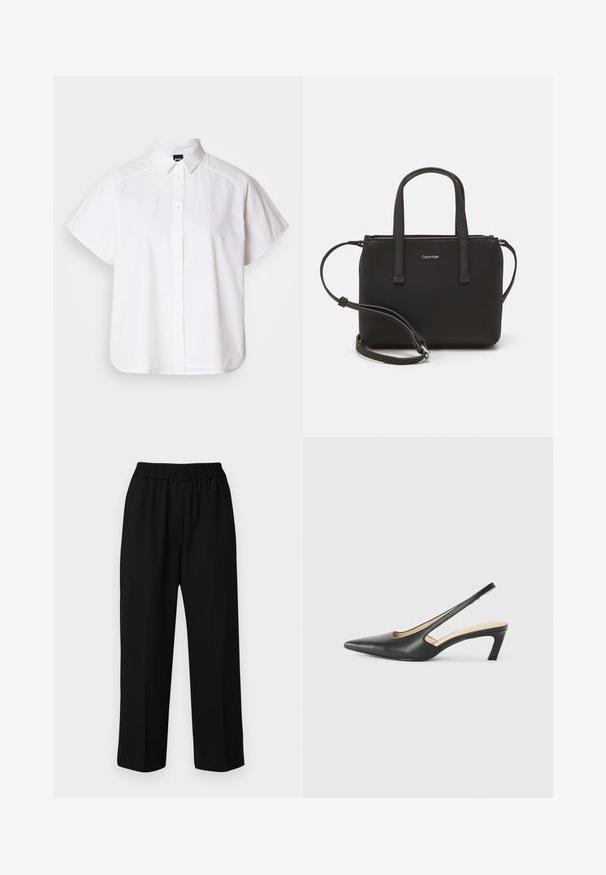 Balta trumpomis rankovėmis marškinėlių su atlenkiamu apykakle ir kreiva apačia. Pagaminta iš medvilnės, su sklandžiu paviršiumi ir be matomų raštų.; DAY Birger et Mikkelsen JONAH CLASSIC - Kelnės - black; Juodas smailus slingback batelis su žemu kulnu, pagamintas iš lygaus odos paviršiaus ir su išpjovomis šone, užtikrinančiomis oro pralaidumą.; Juoda rankinė su dviem trumpais rankenėlėmis ir nuimamu petį. Lygaus odos tipo medžiaga su užtrauktuku ir logotipo detale.