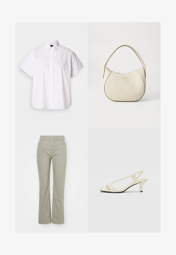 Valge lühikeste varrukatega nööpidega särk, millel on terav krae ja kõver hems. Valmistatud puuvillast, millel on sile tekstuur ja nähtamatud mustrid.; Heledu roheline, kõrge vöökohaga püksid sirge jala lõikega. Omavad klassikalisi taskuid ja metallist nööbi sulgemist ees. Pehme kangatekstuur.; Beez blok-kandadesed õhukeste rihmadega ja ruudukujulise varbaga. Sile materjal minimaalsete detailidega, kujundatud mugavaks kandmiseks.; Kreemivärvi käsipott, millel on tekstureeritud viimistlus, kumer kuju, lühike käepide ja kuldse tooniga logo detail. Ülemine lukustus.