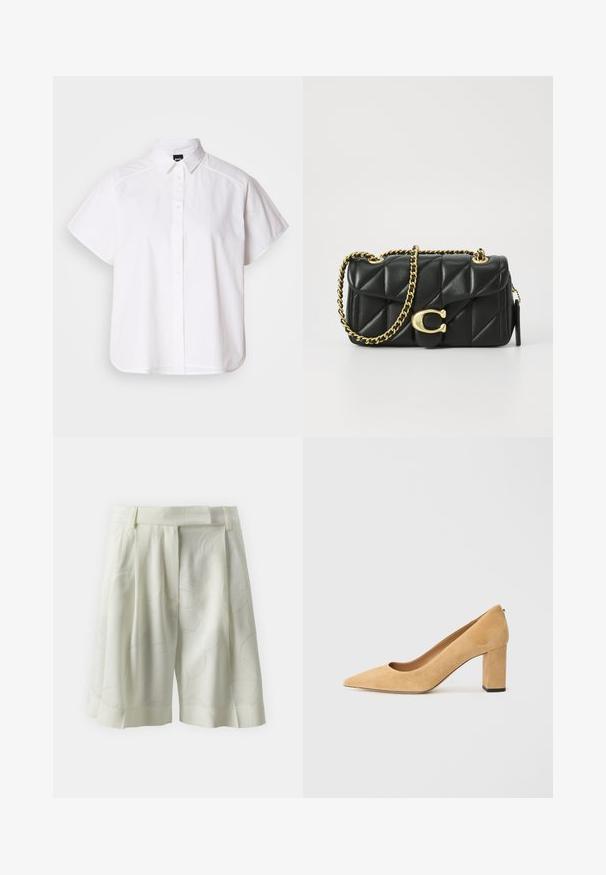 Bílá košile s krátkým rukávem a zapínáním na knoflíky, s špicatým límečkem a zakřiveným spodním lemem. Vyrobena z bavlny, má hladkou texturu a žádné viditelné vzory.; Plisované šortky ze světlé slonovinové látky s jemným abstraktním vzorem. Mají plochý pas a uvolněný střih, ideální na teplé počasí.; Beige semišové lodičky na vysokém podpatku s špičatou špičkou a silným blokovým podpatkem. Materiál má jemnou texturu a hladký povrch.; Černá prošívaná kožená kabelka se zlatým řetízkem a otočnou sponou s kruhovým akcentem. Kompaktní obdélníkový tvar.