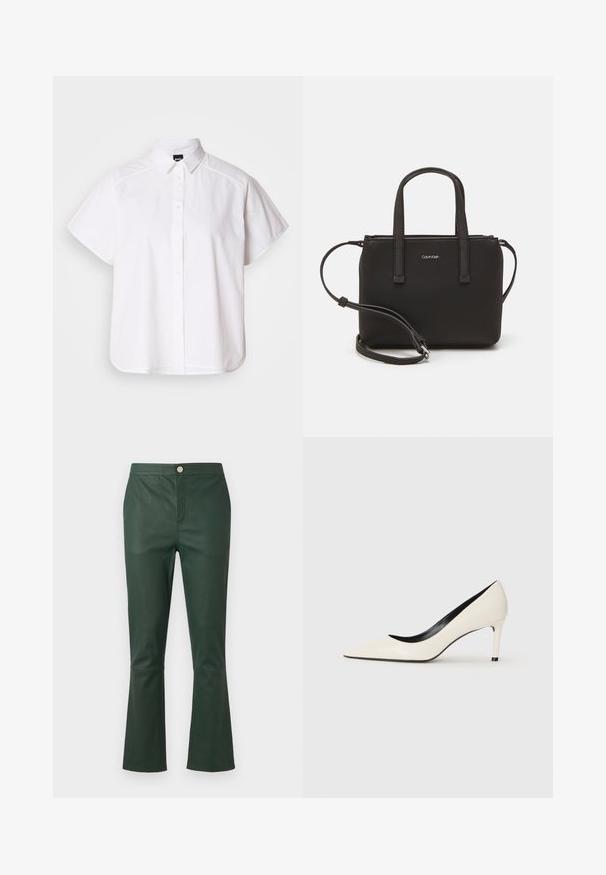 Valge lühikeste varrukatega nööpidega särk, millel on terav krae ja kõver hems. Valmistatud puuvillast, millel on sile tekstuur ja nähtamatud mustrid.; Tumedast rohelisest nahast laienevad püksid kõrge vöökohaga, millel on esikott ja metallist nööbiga sulgemine. Sile tekstuur, ilma mustriteta.; Valge patendi nahast kõrge kontsaga pump terava varbaga, peene kontsaga ja musta sisekujundusega. Silumine tekstuur ja stiilne disain.; Musthave mustrans vöö ja eemaldatav õlarihm. Gludike nahk siledaga, millel on tõmblukk ja logo detail.