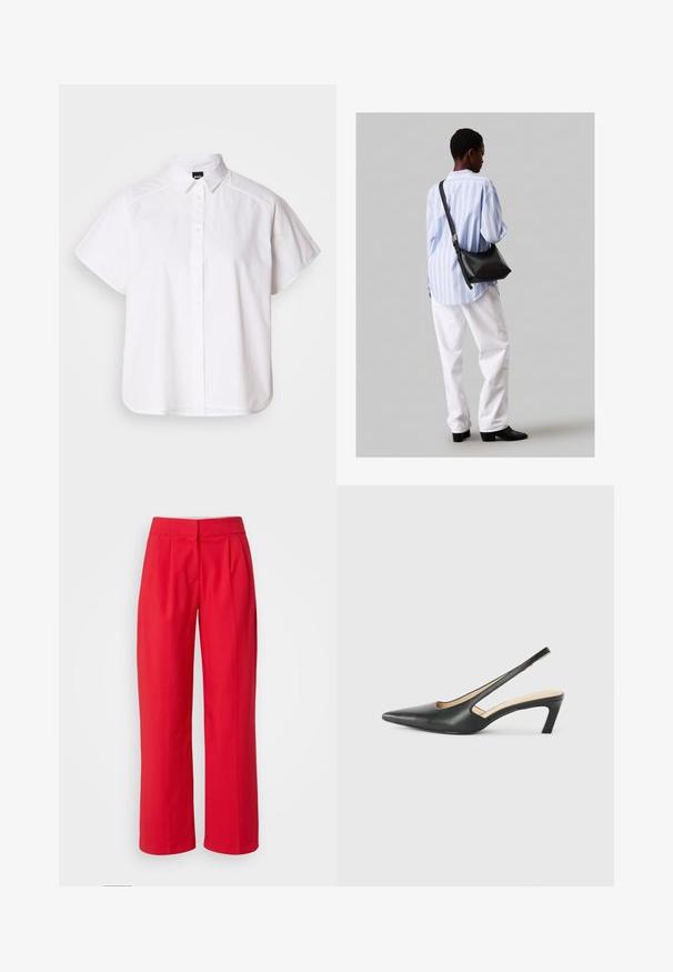 Bílá košile s krátkým rukávem a zapínáním na knoflíky, s špicatým límečkem a zakřiveným spodním lemem. Vyrobena z bavlny, má hladkou texturu a žádné viditelné vzory.; Červené kalhoty s širokými nohavicemi a hladkým povrchem, s předními záhyby a plochým pasem. Žádné viditelné kapsy nebo kovové detaily.; Černý špičatý slingback s nízkým podpatkem, vyrobený z hladké kůže, s výřezem na boku pro lepší prodyšnost.; Černá kožená kabelka přes rameno s jemnou texturou, trojúhelníkovým tvarem a nastavitelným popruhem, v kombinaci se světle modrou pruhovanou košilí a bílými kalhotami.