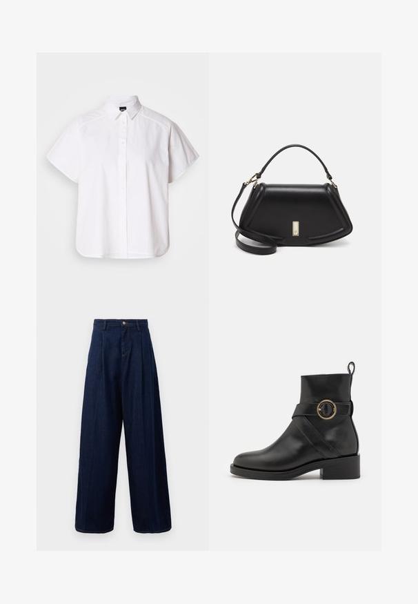 White short-sleeve button-up shirt with a pointed collar and curved hem. Made from cotton with a smooth texture and no visible patterns.; Dark blue denim wide-leg trousers with a high waist, pleated front, and classic button closure, featuring side pockets and contrasting stitching.; BOSS IRYNA BOOTIE - Platform ankle boots - black; Black leather handbag with a structured design, featuring a cropped shape, top handle, and gold hardware accent. Adjustable shoulder strap included.