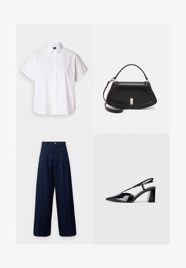 Weißes kurzärmliges Hemd mit Knopfleiste, spitzem Kragen und abgerundetem Saum. Hergestellt aus Baumwolle mit glatter Textur und ohne sichtbare Muster.; Dunkelblaue Denim-Hosen mit weitem Bein und hoher Taille, mit gefaltetem Vorderteil und klassischem Knopfverschluss, seitlichen Taschen und kontrastierender Naht.; Schwarze lackleder Slingback-High-Heels mit spitz zulaufender Zehenpartie, verstellbarem Riemen und klobigem rechteckigem Absatz.; Schwarze Lederhandtasche mit einem strukturierten Design, das eine verkürzte Form, einen oberen Griff und goldfarbene Hardware-Details aufweist. Verstellbarer Schulterriemen ist enthalten.