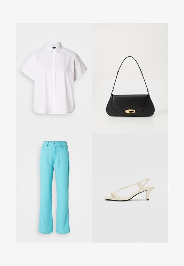 Hvit kortermet skjorte med knapper, spiss krage og buet skjortekant. Laget av bomull med en glatt tekstur og uten synlige mønstre.; Lyseblå, vide jeans laget av denim. Har knapp- og glidelås-lukking, fem lommer og sydd detaljering ved kanten.; Beige blokk-høydesandaler med tynne stropper og firkantet tå. Glatt materiale med minimale detaljer, designet for enkel bruk.; Svart lærveske med en buet design, gullfarget hardware og et håndtak på toppen. Har en elegant lukking og glatt tekstur.