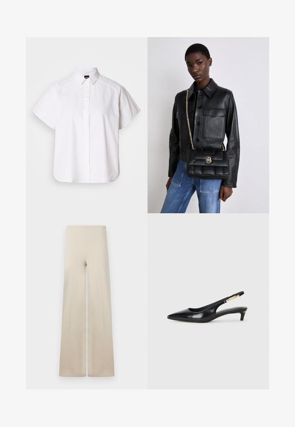 Camisa blanca de manga corta con botones, cuello con puntas y dobladillo curvado. Fabricada en algodón con una textura suave y sin patrones visibles.; Pantalones anchos beige fabricados con una tela suave y de textura lisa. Cuentan con una cintura elástica alta para mayor comodidad y un diseño limpio y minimalista.; Tacones negros de piel sintética tipo slingback con punta afilada, que cuentan con un tacón delgado y un detalle en tono dorado en la correa ajustable. Textura suave.; Chaqueta de cuero negra con cierre de botón y dos bolsillos frontales, combinada con un bolso acolchado negro que cuenta con un cierre dorado y correa de cadena.