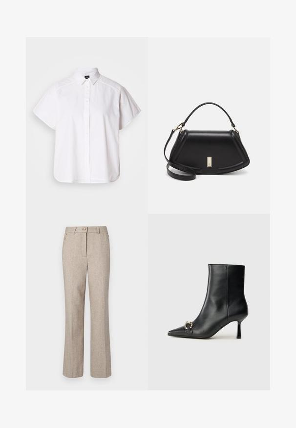 White short-sleeve button-up shirt with a pointed collar and curved hem. Made from cotton with a smooth texture and no visible patterns.; Beige herringbone trousers with a straight leg, featuring two gold-button accents at the waist and a smooth, textured fabric.; Black leather ankle boot with pointed toe, slim mid-height heel, and silver buckle detail on side against plain background.; Black leather handbag with a structured design, featuring a cropped shape, top handle, and gold hardware accent. Adjustable shoulder strap included.