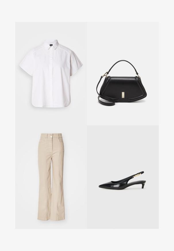 Hvit kortermet skjorte med knapper, spiss krage og buet skjortekant. Laget av bomull med en glatt tekstur og uten synlige mønstre.; Beige høy-midje vide bukser laget av bomullsblanding, med frontlommer, glidelås og en sølvknappdetalj i midjen.; Sorte lærreim hæler med spiss tå, som har en slank hæl og en gullfarget detalj på den justerbare stroppen. Glatt tekstur.; Sort lærveske med en strukturert design, som har en avkortet form, topphåndtak og detaljer i gull. Justerbar skulderstropp inkludert.