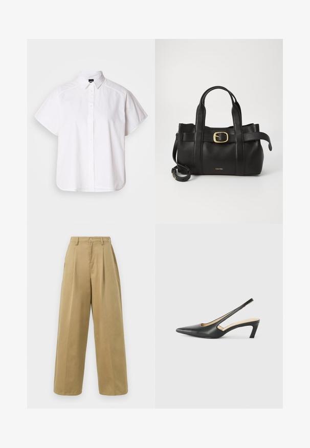 Hvid kortærmet skjorte med knaplukning, spidse kraver og buet nederste kant. Lavet af bomuld med en glat struktur og uden synlige mønstre.; Khaki viddebenede bukser lavet af bomuldsblandingsstof, med flad front og læg, knaplukning og en glat overflade.; Sorte spidse slingback-sko med en lav hæl, lavet af glat læder og med udskæringer på siden for åndbarhed.; Sort læderhåndtaske med et struktureret design, dobbelte toppegreb, guldtonet spændeaccents og præget logo på forsiden.